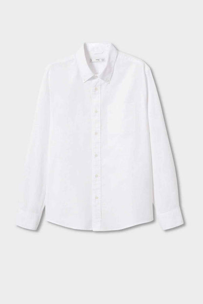 White long-sleeve button-up shirt front view with button placket and collar