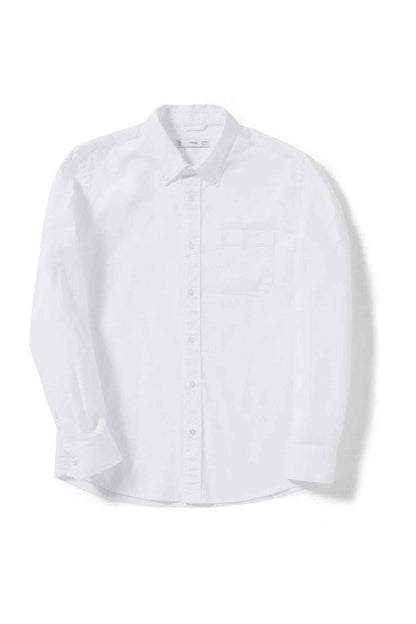 White long-sleeve button-up shirt, front view with spread collar