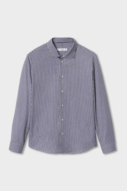 MANGO navy check button-up shirt, front view, long sleeves