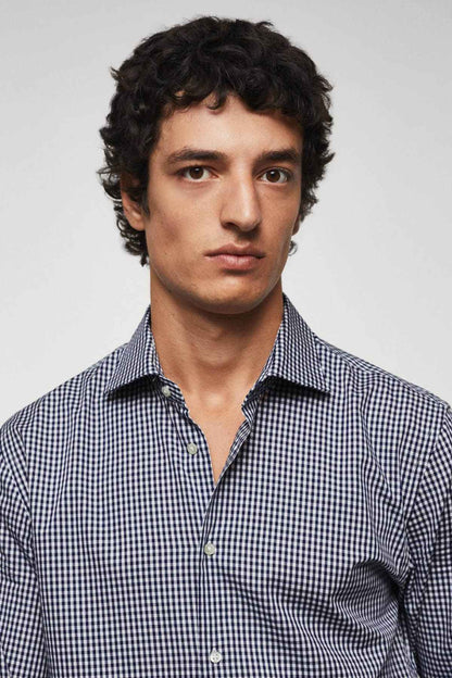 MANGO navy check button-up shirt with button-down collar, close-up