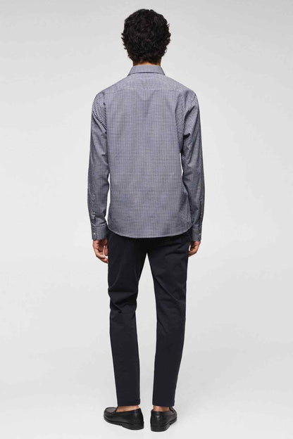 MANGO navy check shirt back view, long sleeves, button placket