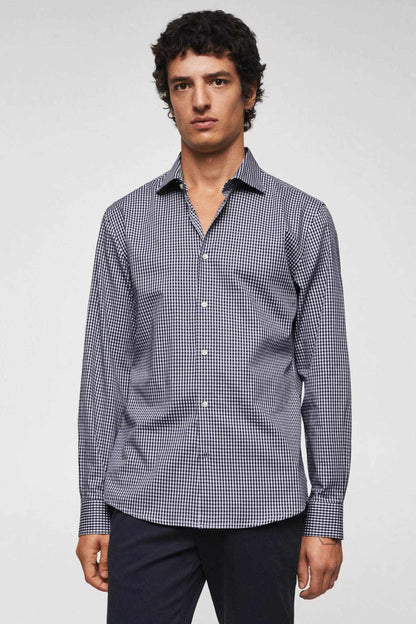 MANGO navy check button-up shirt, long sleeves, button-down collar