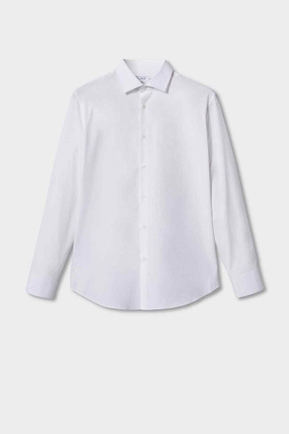 MANGO white button-up dress shirt, front view with button placket