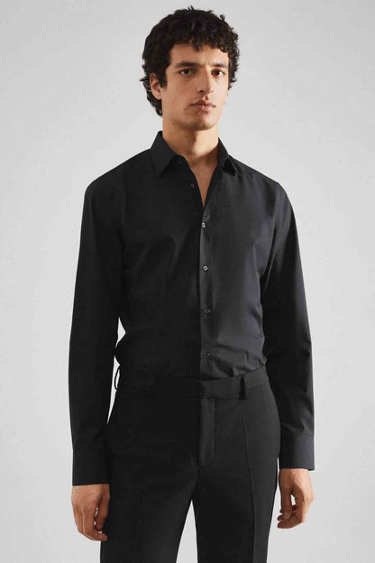 Men's black button-up dress shirt with long sleeves and front button closure