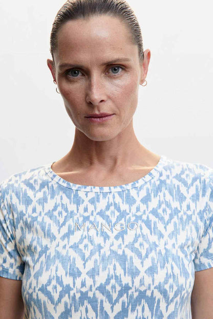 Sky blue ikat-pattern short-sleeve crewneck top, close-up front