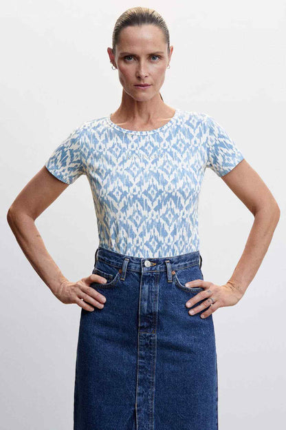 Sky blue patterned short-sleeve crewneck top with subtle white ikat design