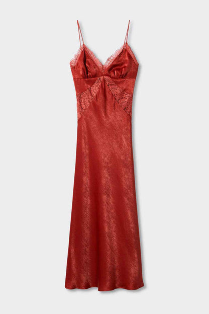 Burgundy satin slip dress with lace V-neck, spaghetti straps, button detail