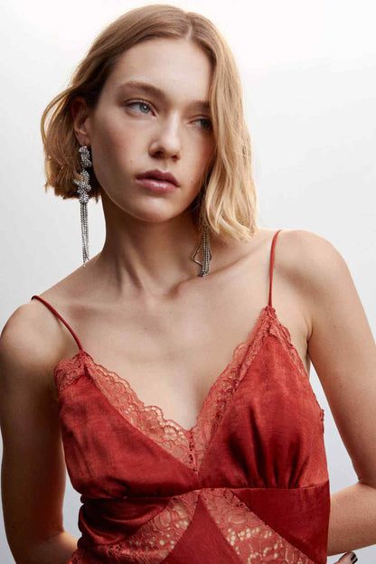 Burgundy satin slip dress with lace cups and V-neck, thin straps