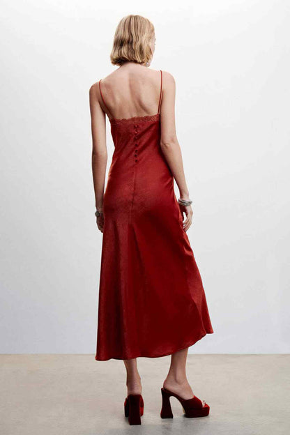 Burgundy satin slip dress, racer-back style, lace hem, midi length