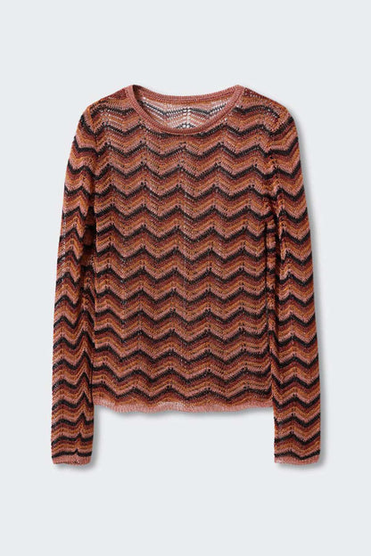 Burnt orange zigzag knit crewneck long-sleeve sweater (flat lay)