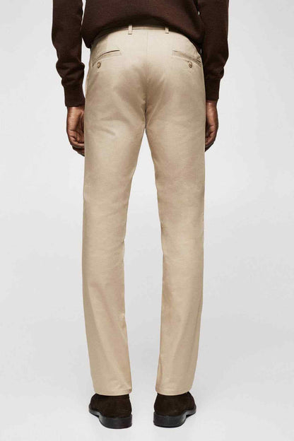 Beige chino pants back view with belt loops and buttoned pockets