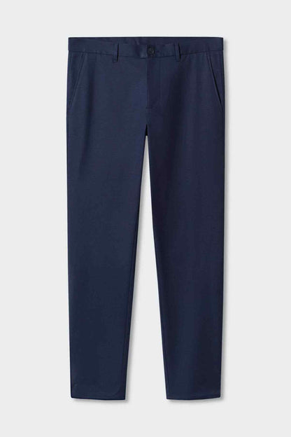 Dark navy trousers front view with belt loops and pleat-free leg