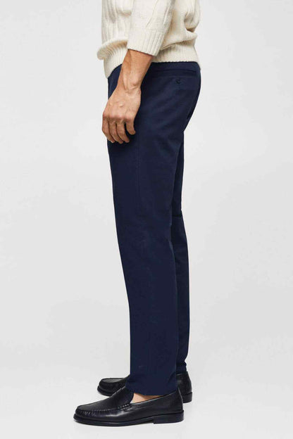 Dark navy trousers with straight leg and ankle-length hem