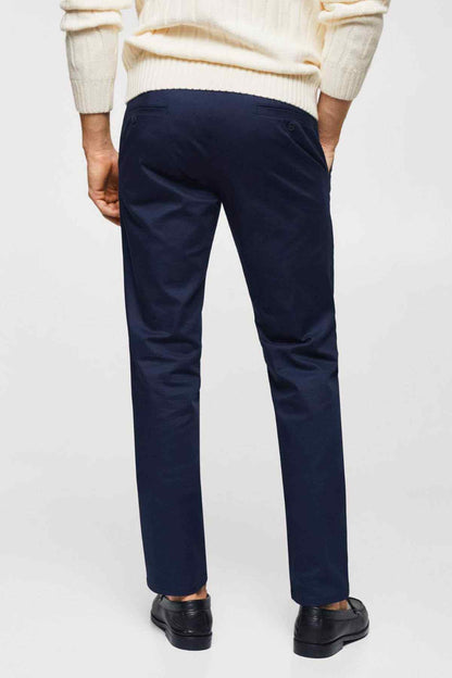 Dark navy straight-leg trousers with waistband and belt loops