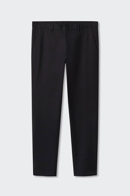 Black trousers on hanger with belt loops and straight, tapered legs