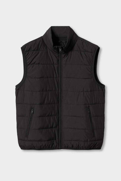 Black quilted sleeveless vest with stand collar and central zip