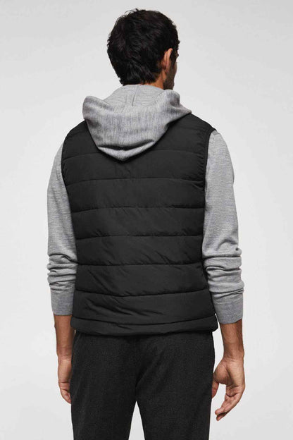 Men's black quilted vest with hood, full back view, no sleeves