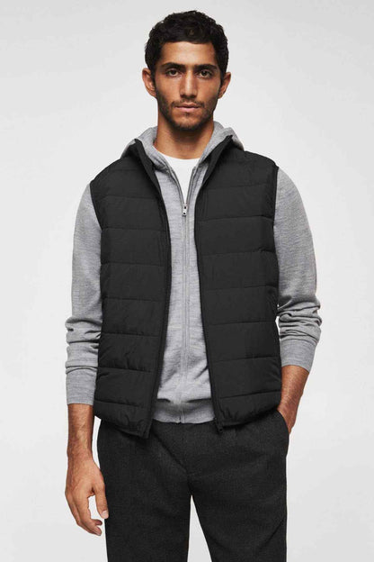 Men's black quilted hooded vest with full zip and two side pockets