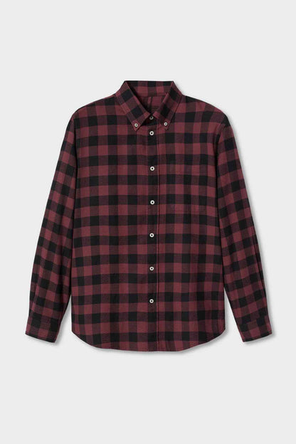 Men's red-and-black plaid button-up shirt with stand collar and long sleeves