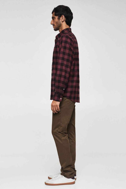 Men's red-and-black plaid button-up shirt with long sleeves and button cuffs