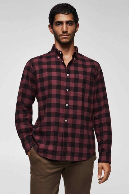 MANGO men's red-and-black plaid button-up shirt with long sleeves