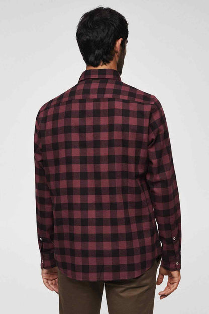 Men's red-and-black plaid button-up shirt, long sleeves, button front