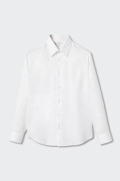 White button-up dress shirt with point collar and long sleeves