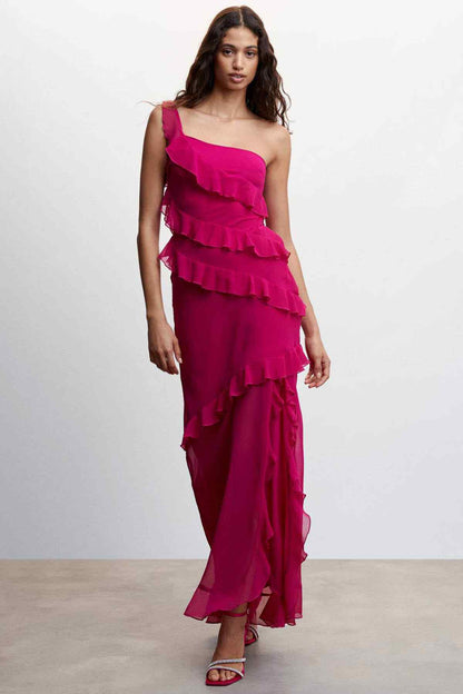 Fuchsia strappy heeled sandals on model, thin ankle straps