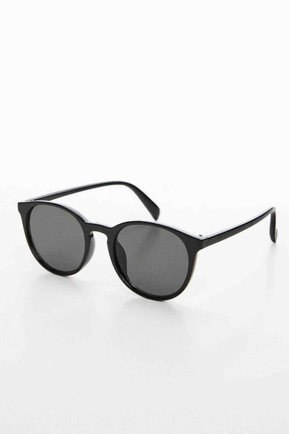 Black cat-eye sunglasses with dark lenses, front three-quarter view