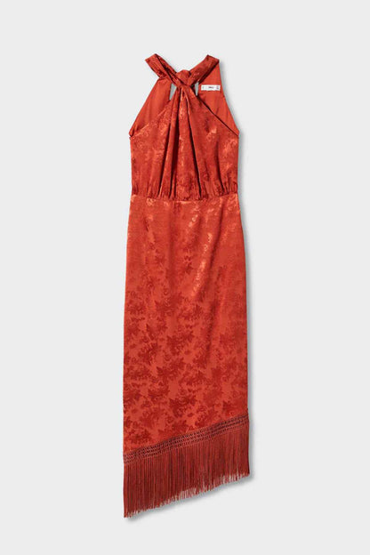 Russet halter midi dress with neck bow and fringe hem, flat lay