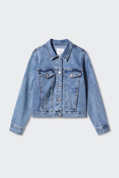 MANGO medium blue denim jacket, collared with button front and two chest pockets