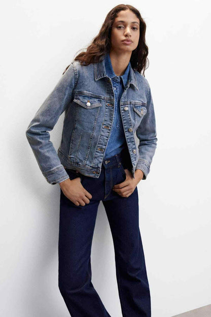 MANGO medium blue denim jacket with chest pockets and buttoned cuffs