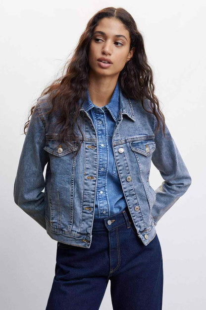 MANGO medium blue denim jacket with button front and flap chest pockets