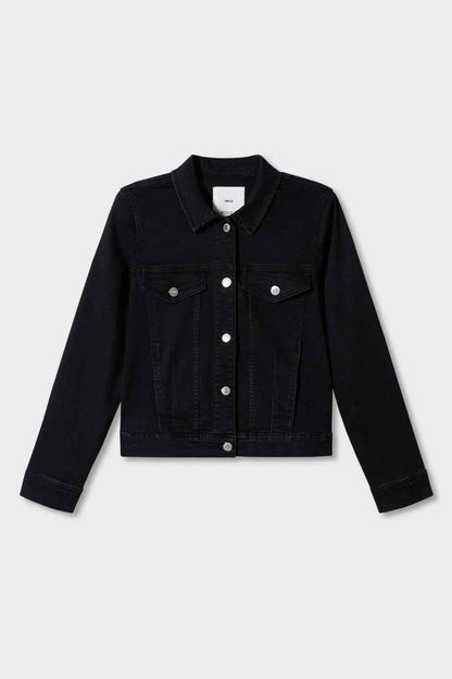 Black denim jacket for women, front view with button placket and chest flap pockets.