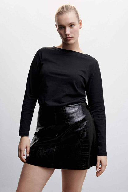 Black long-sleeve crew-neck top, smooth front with gathered waist detail