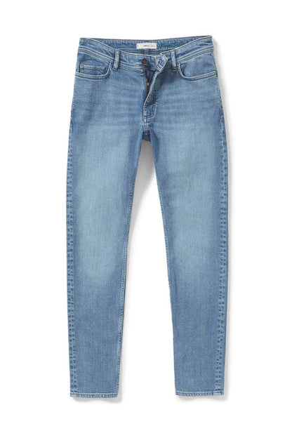 Light blue denim jeans with straight legs, belt loops, and front pockets