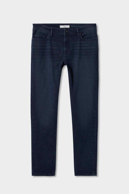 Mango deep dark blue straight jeans, flat lay back view with belt loops
