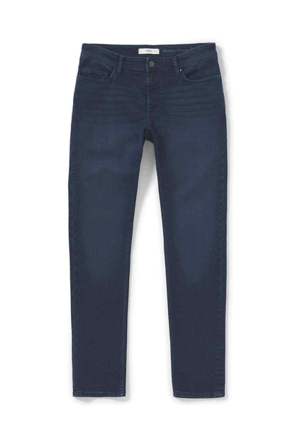 Mango deep dark blue straight jeans, flat lay front view with button waist