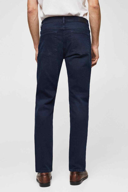Mango deep dark blue straight jeans, back view with belt loops and back pockets