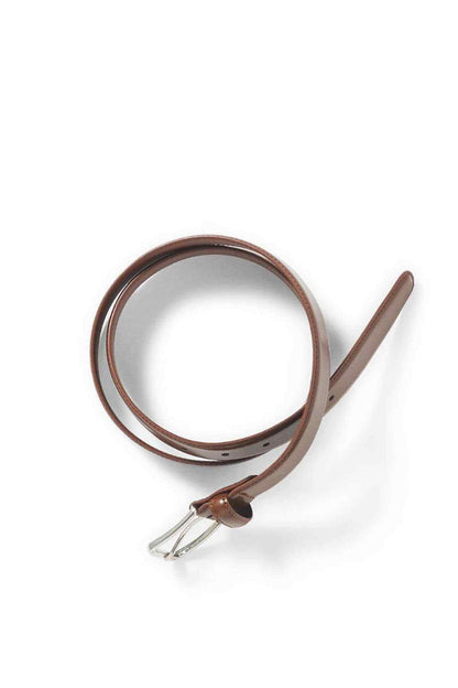 Brown leather belt with adjustable pin buckle and metal clasp