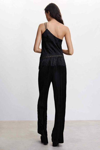 Back view one-shoulder black fringe jumpsuit with wide-leg pants