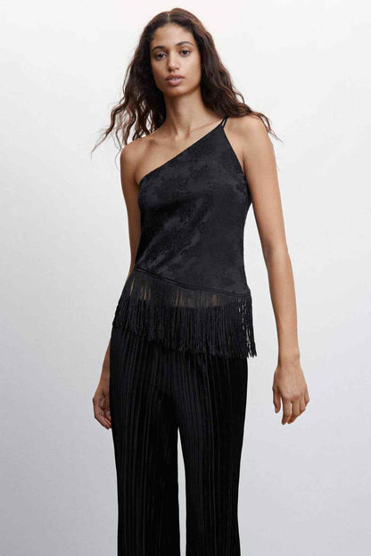 One-shoulder black fringe jumpsuit with wide-leg trousers, sleeveless