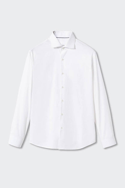 White long-sleeve button-up dress shirt, front view, classic collar and button placket