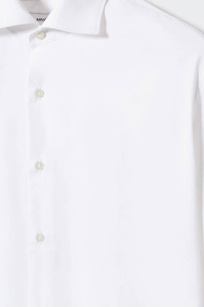 White dress shirt chest front with button placket, small buttons, stand collar