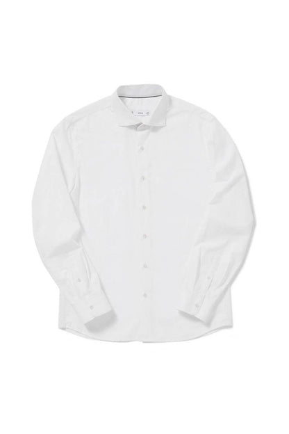 White long-sleeve button-up shirt, neatly laid flat, classic collar