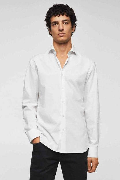 White button-up dress shirt on model, long sleeves, button front, classic collar