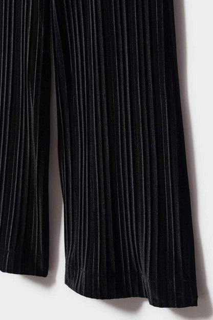 Black pleated fabric trousers panel with fine vertical pinstripes