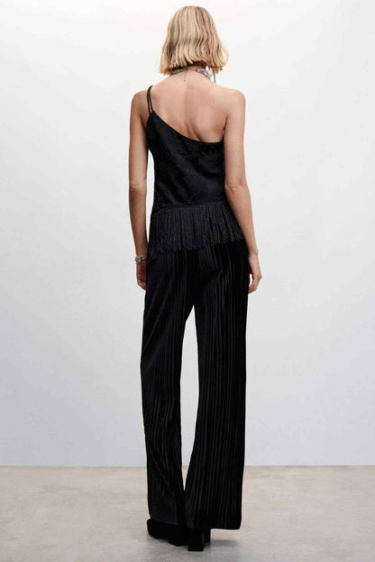Black wide-leg trousers with vertical pleated stripes and wide flared legs