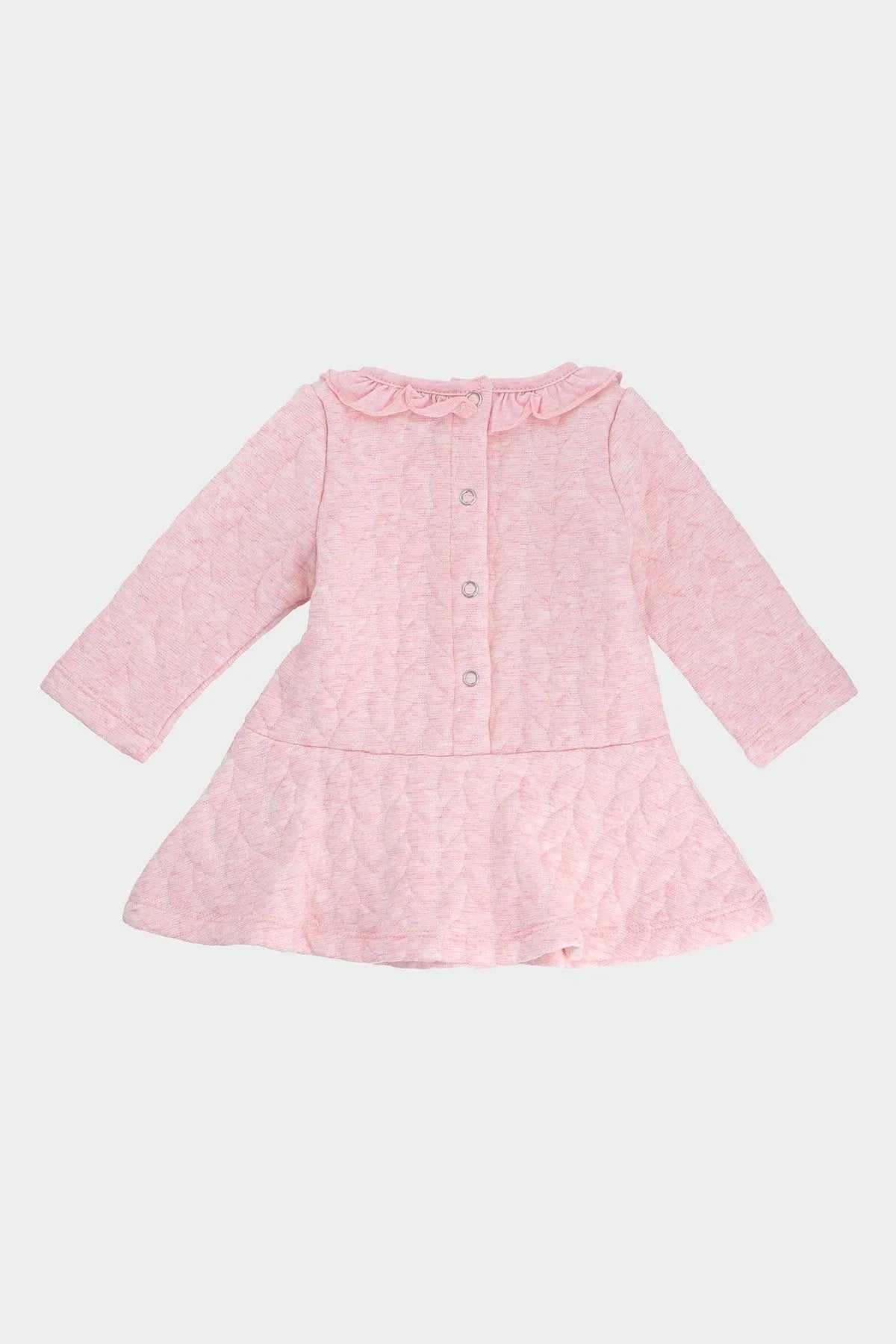 Pink baby dress, long sleeves with button front and gathered waist ruffle