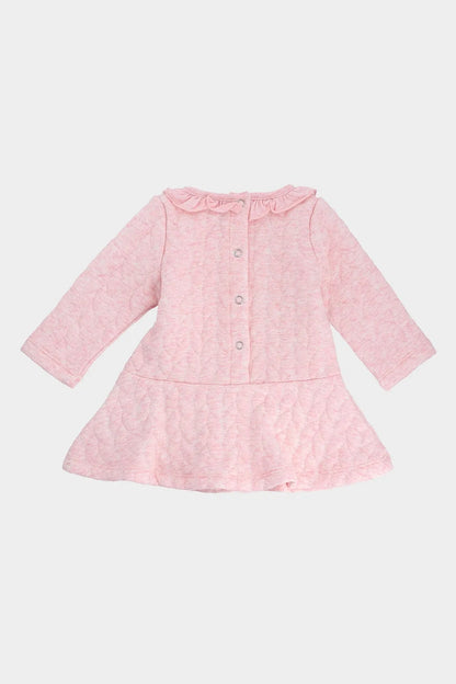 Pink baby dress, long sleeves with button front and gathered waist ruffle